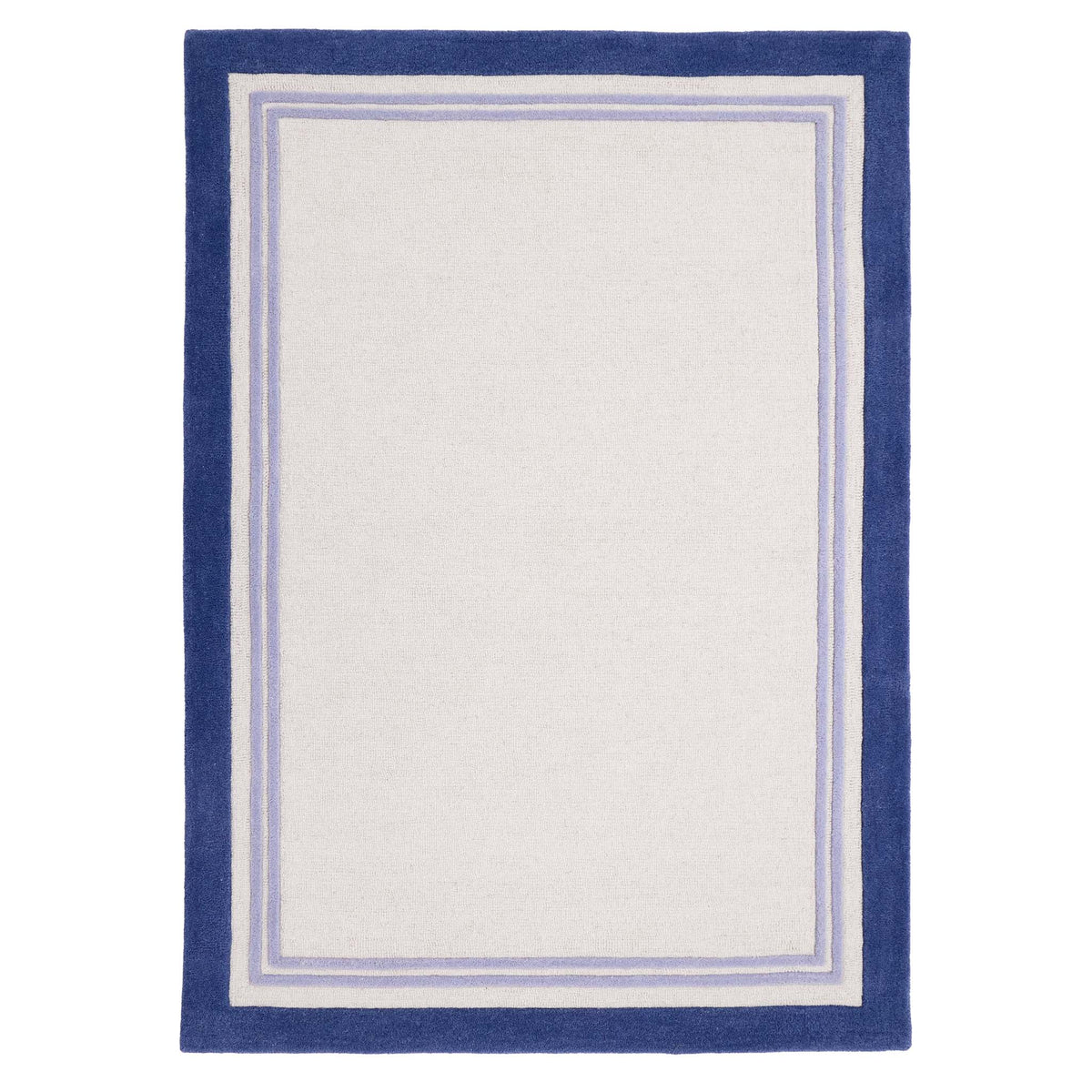 Piper Rug Navy- 100% wool rug with a purple and blue border. 