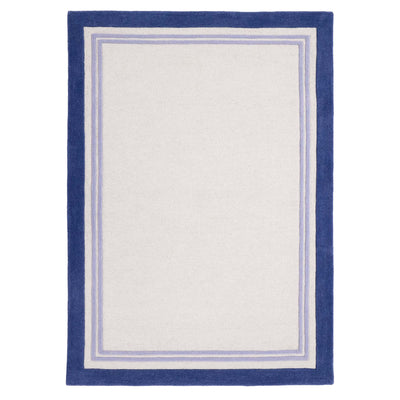 Piper Rug Navy- 100% wool rug with a purple and blue border. 