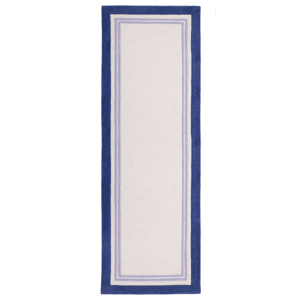 Piper Rug Navy- 100% wool rug with a purple and blue border. 