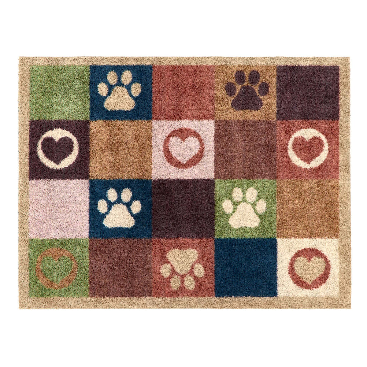 Hug Rug Tartan Paw Green Doormat with a check pattern with hearts and paw prints.
