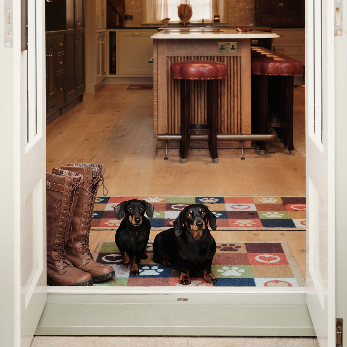Two dachshunds sitting on a colorful paw-print patterned rug in a kitchen doorway, with brown boots on the left and a kitchen island in the background.