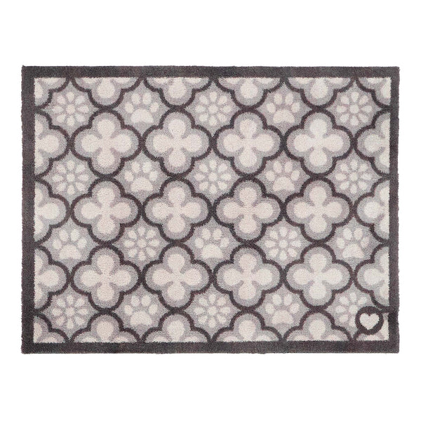 Paw Print Moroccan Tile Grey- 100% recycled cotton doormat with paws prints within a morrcccan style pattern.