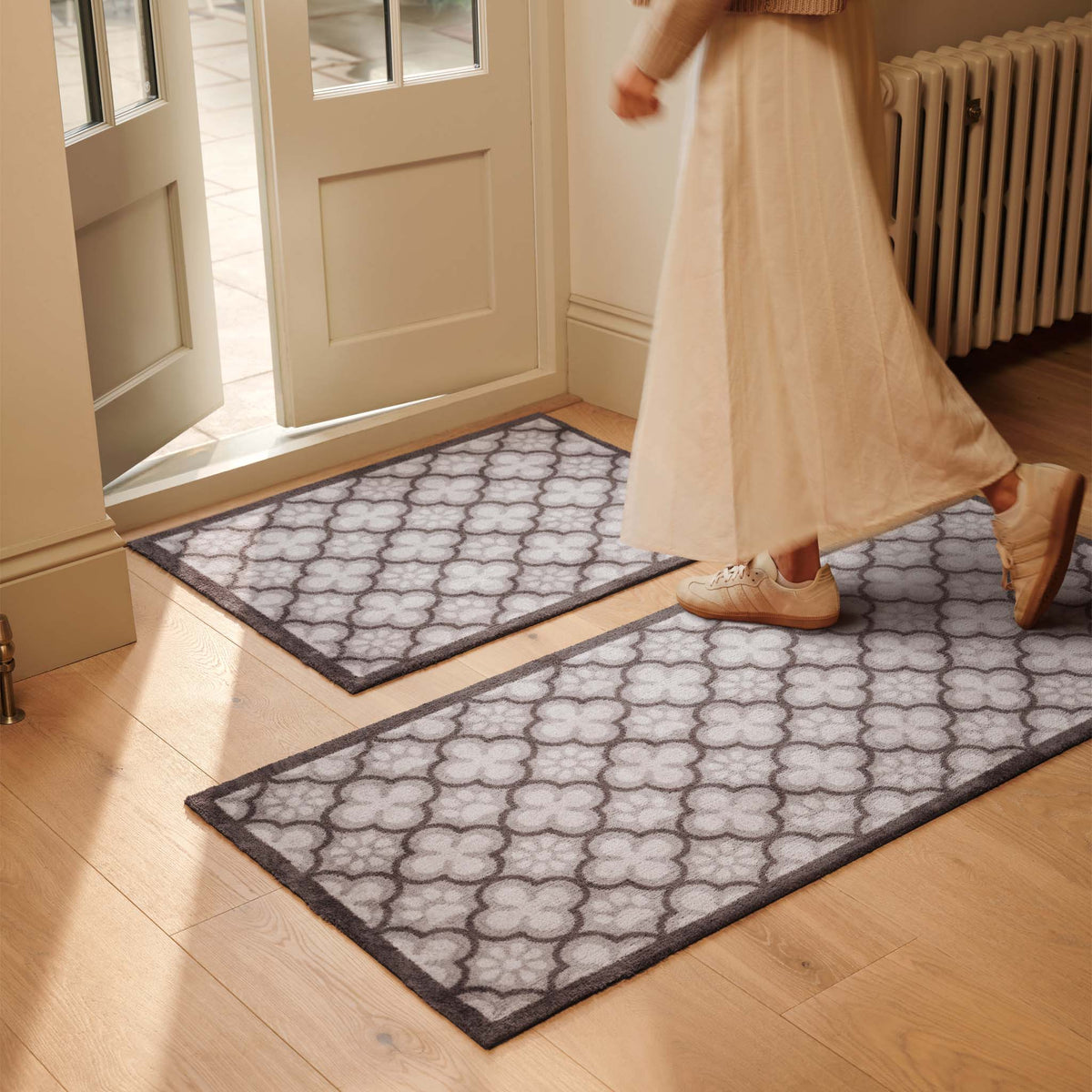 Paw Print Moroccan Tile Grey- 100% recycled cotton doormat with paws prints within a morrcccan style pattern.