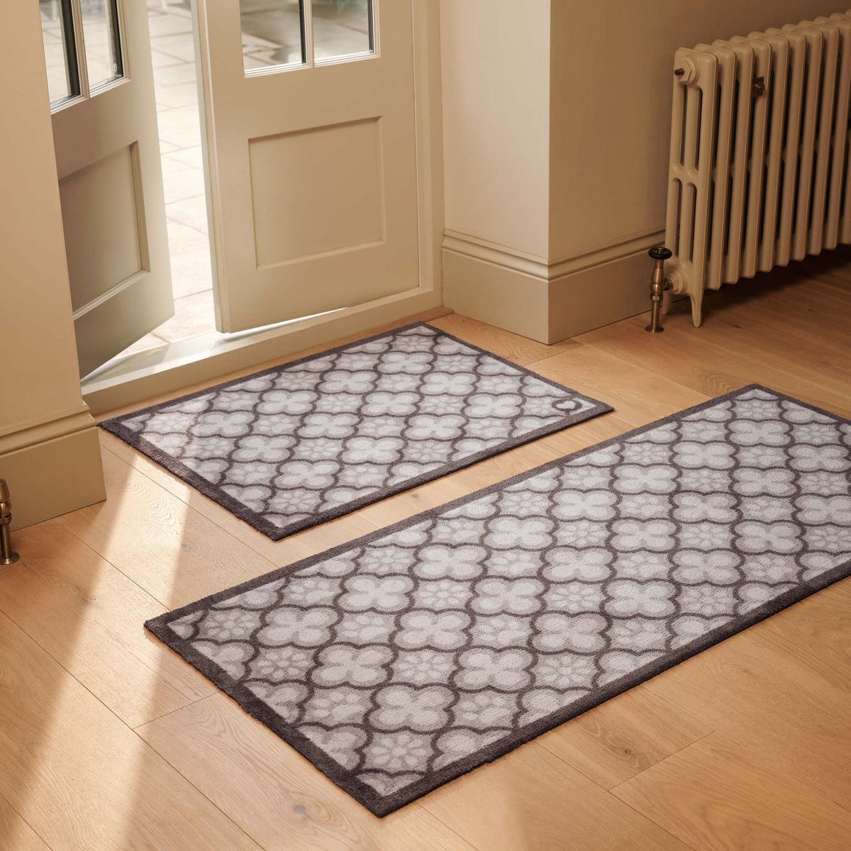 Paw Print Moroccan Tile Grey- 100% recycled cotton runner with paws prints within a morrcccan style pattern.