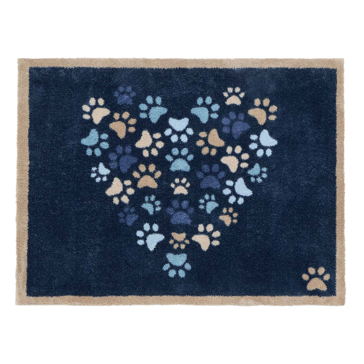 Paws For Love Blue Doormat- 100% recycled cotton doormat featuring multi- directional paw prints in a heart shape. 
