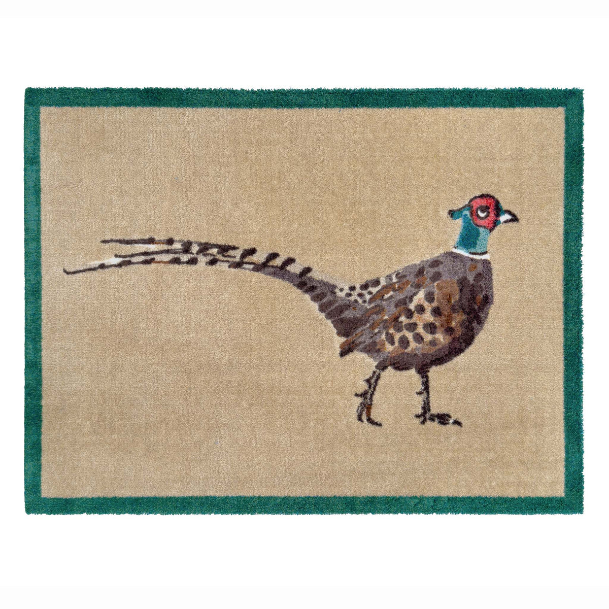 A rectangular doormat with a dark green border and a central illustration of a pheasant bird on a beige background.