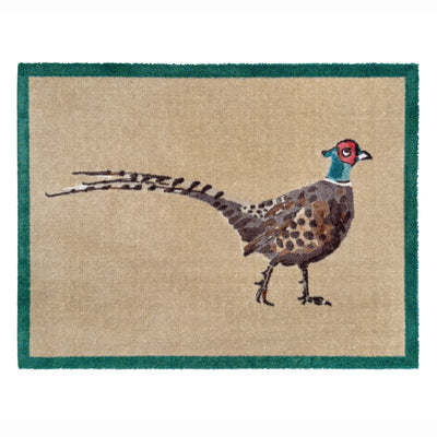A rectangular doormat with a dark green border and a central illustration of a pheasant bird on a beige background.