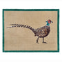 A rectangular doormat with a dark green border and a central illustration of a pheasant bird on a beige background.