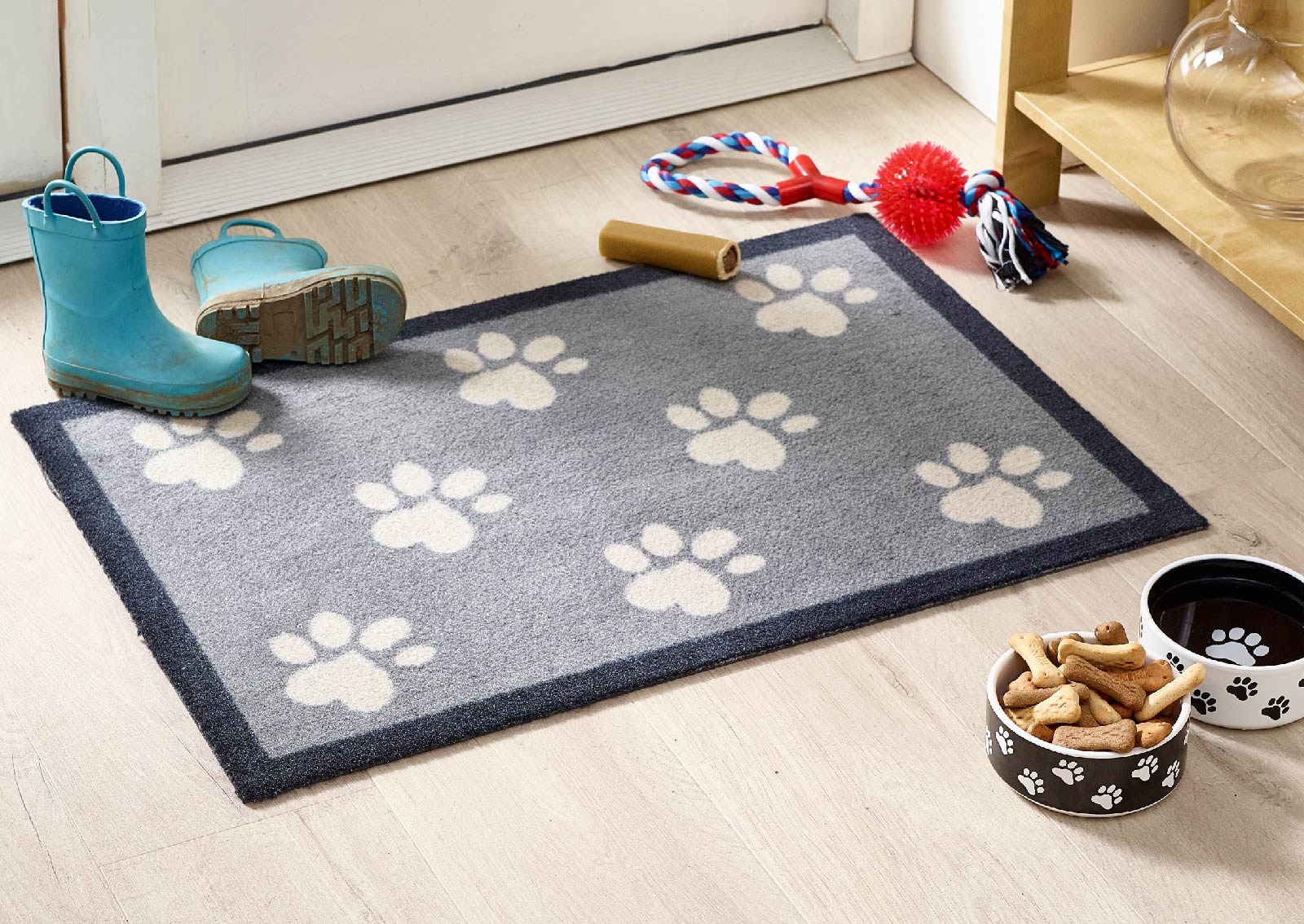 Dog print doormat at front door