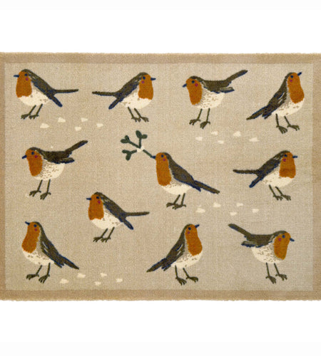 A rectangular woven doormat with a natural beige background featuring a repeating pattern of robin birds in brown, white, and orange, with small white dots and a green mistletoe branch motif.