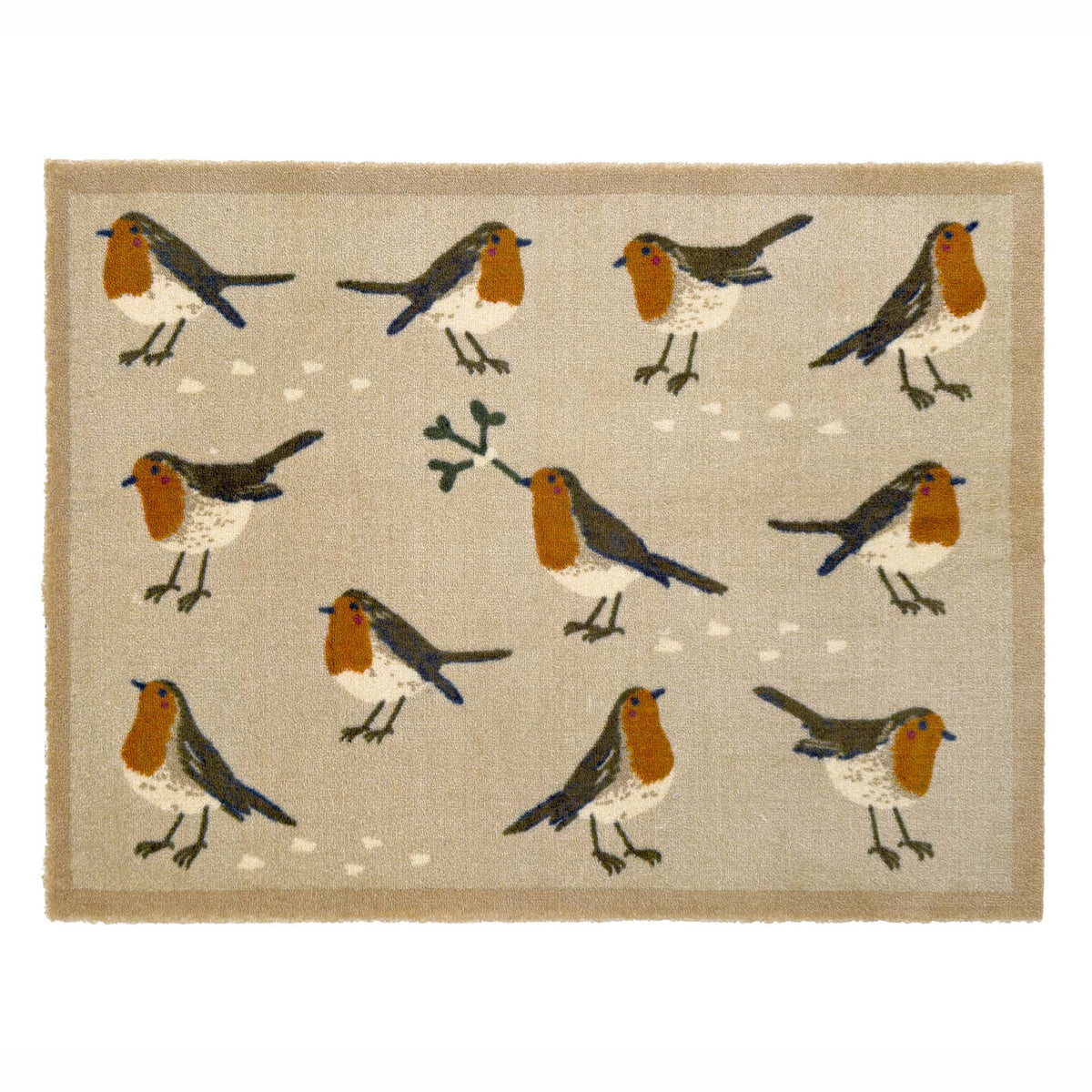 A rectangular woven doormat with a natural beige background featuring a repeating pattern of robin birds in brown, white, and orange, with small white dots and a green mistletoe branch motif.