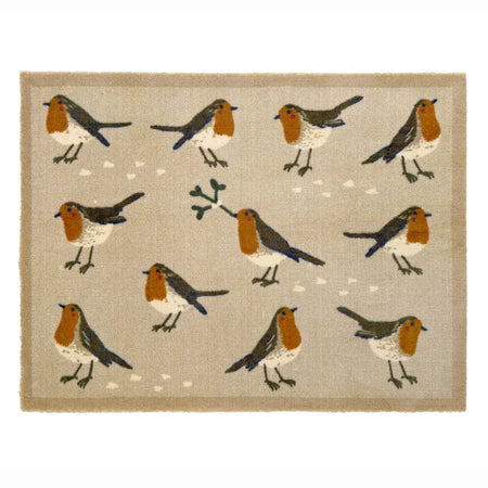 A rectangular woven doormat with a natural beige background featuring a repeating pattern of robin birds in brown, white, and orange, with small white dots and a green mistletoe branch motif.