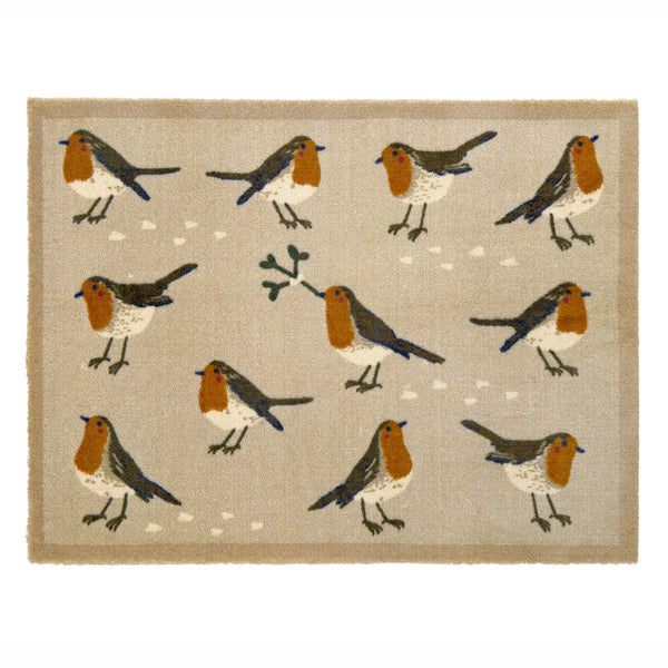 A rectangular woven doormat with a natural beige background featuring a repeating pattern of robin birds in brown, white, and orange, with small white dots and a green mistletoe branch motif.
