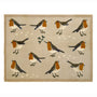 A rectangular woven doormat with a natural beige background featuring a repeating pattern of robin birds in brown, white, and orange, with small white dots and a green mistletoe branch motif.