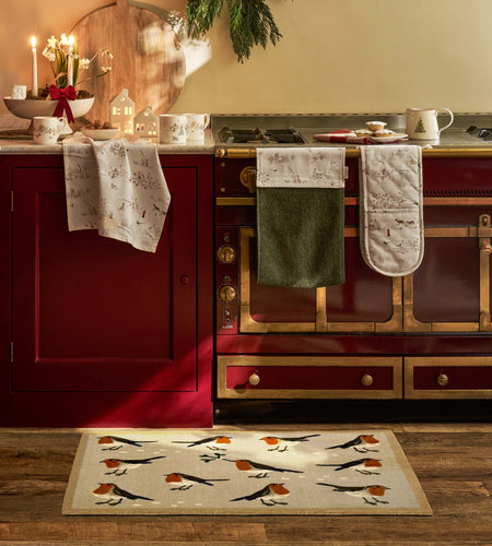 A kitchen scene with a beige doormat featuring a robin pattern in the foreground, with matching patterned towels and oven mitts hanging on a red stove and cabinets.