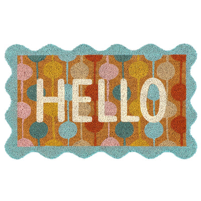 A rectangular coir doormat with a scalloped turquoise border and the word 'HELLO' in large cream letters over a retro multicolor pattern of orange, yellow, pink, and blue circles, shown on a plain white background.