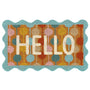 A rectangular coir doormat with a scalloped turquoise border and the word 'HELLO' in large cream letters over a retro multicolor pattern of orange, yellow, pink, and blue circles, shown on a plain white background.