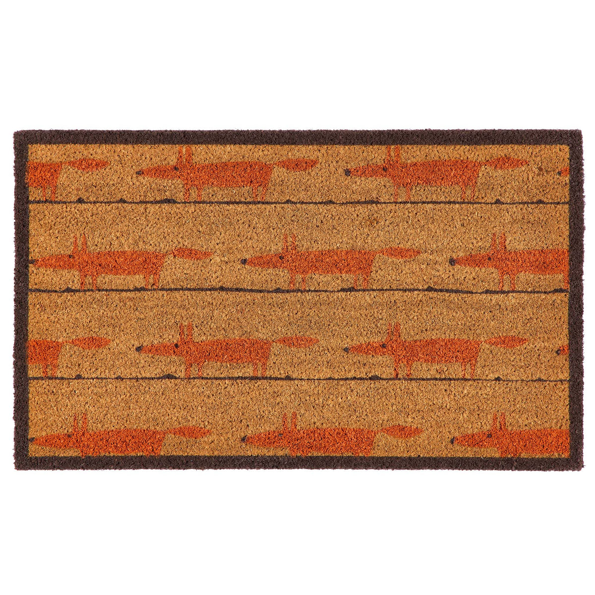 A rectangular coir doormat with a dark brown border and a repeating pattern of stylized orange foxes on a natural background, shown flat against a white background.