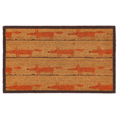 A rectangular coir doormat with a dark brown border and a repeating pattern of stylized orange foxes on a natural background, shown flat against a white background.