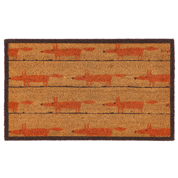 A rectangular coir doormat with a dark brown border and a repeating pattern of stylized orange foxes on a natural background, shown flat against a white background.