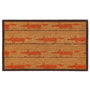 A rectangular coir doormat with a dark brown border and a repeating pattern of stylized orange foxes on a natural background, shown flat against a white background.