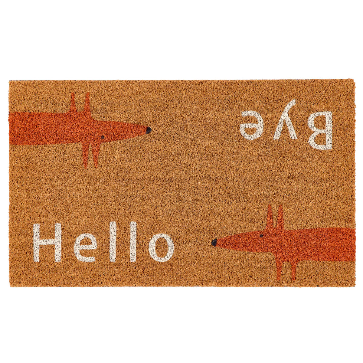 A rectangular coir doormat with a natural background, featuring two orange fox silhouettes and the words 'Hello' and 'Bye' in white.