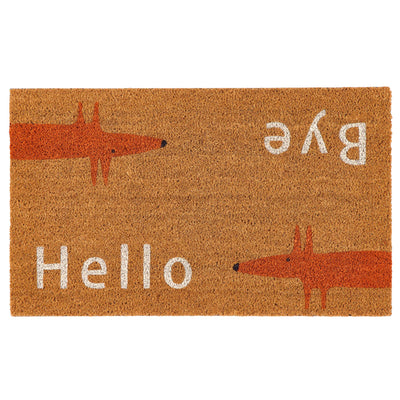 A rectangular coir doormat with a natural background, featuring two orange fox silhouettes and the words 'Hello' and 'Bye' in white.