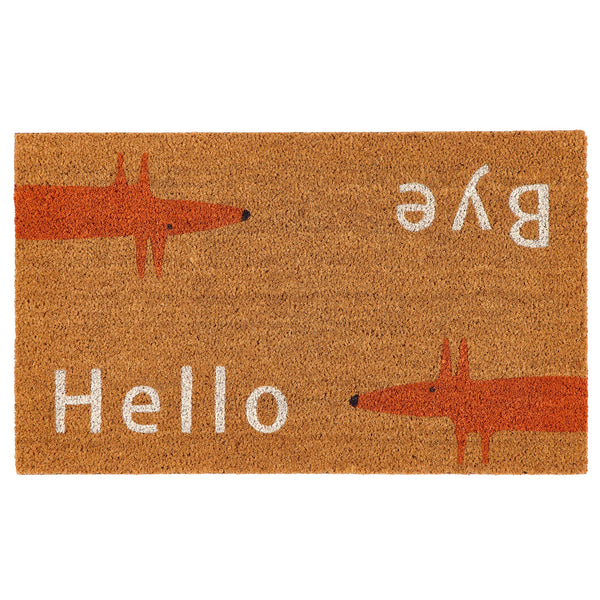 A rectangular coir doormat with a natural background, featuring two orange fox silhouettes and the words 'Hello' and 'Bye' in white.