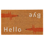 A rectangular coir doormat with a natural background, featuring two orange fox silhouettes and the words 'Hello' and 'Bye' in white.