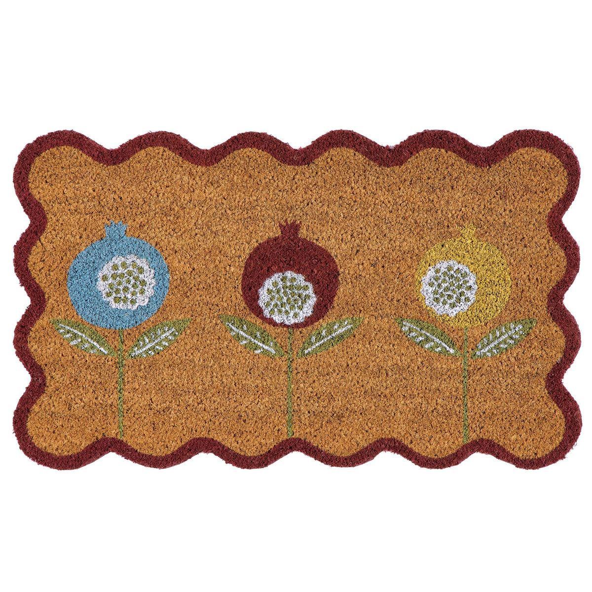 A rectangular coir doormat with a scalloped dark red border and three stylized flower motifs in blue, brown, and yellow on a natural background.