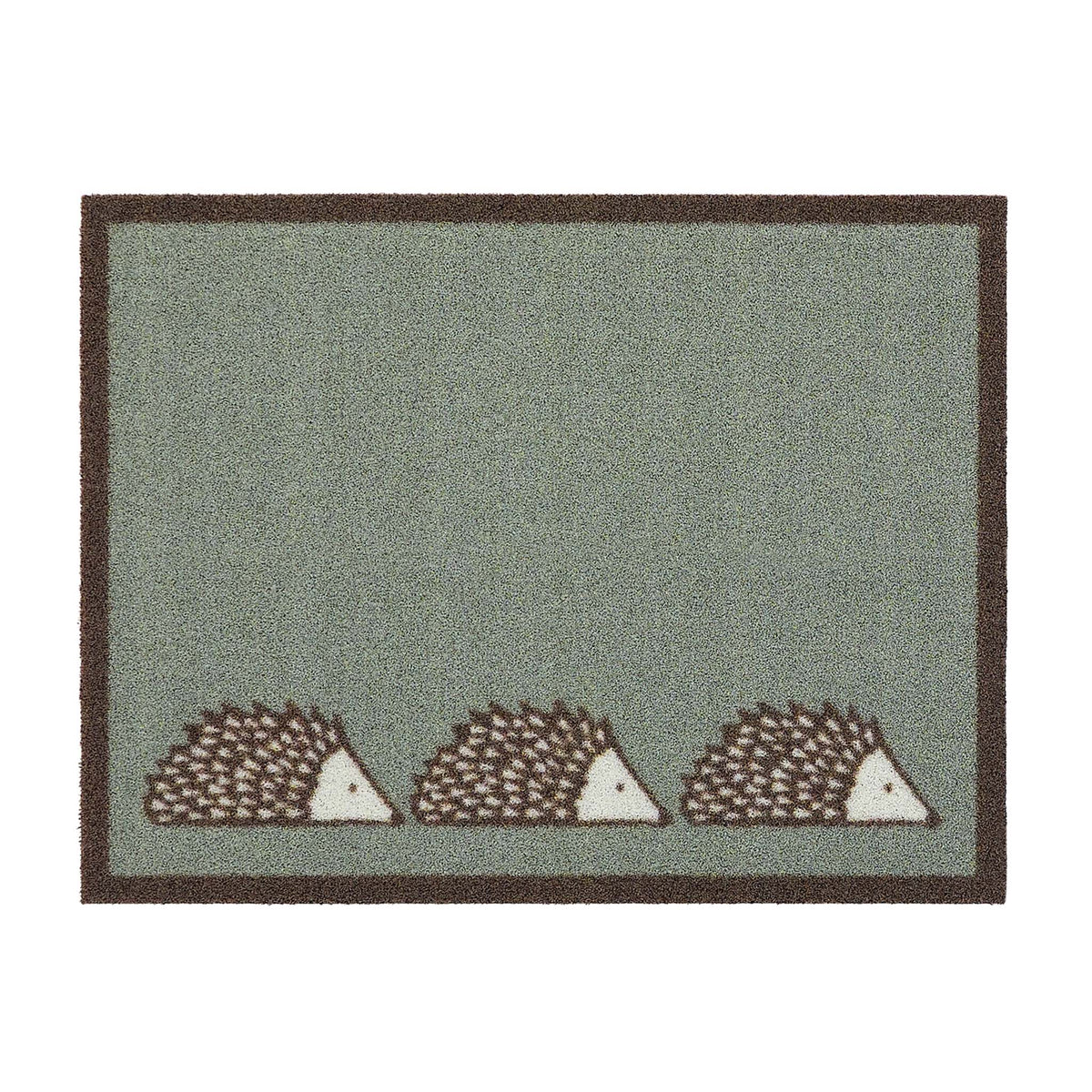 Spike Green Outdoor Doormat. Made from ECONYL regenerated yarn featuirng three hedgehogs.