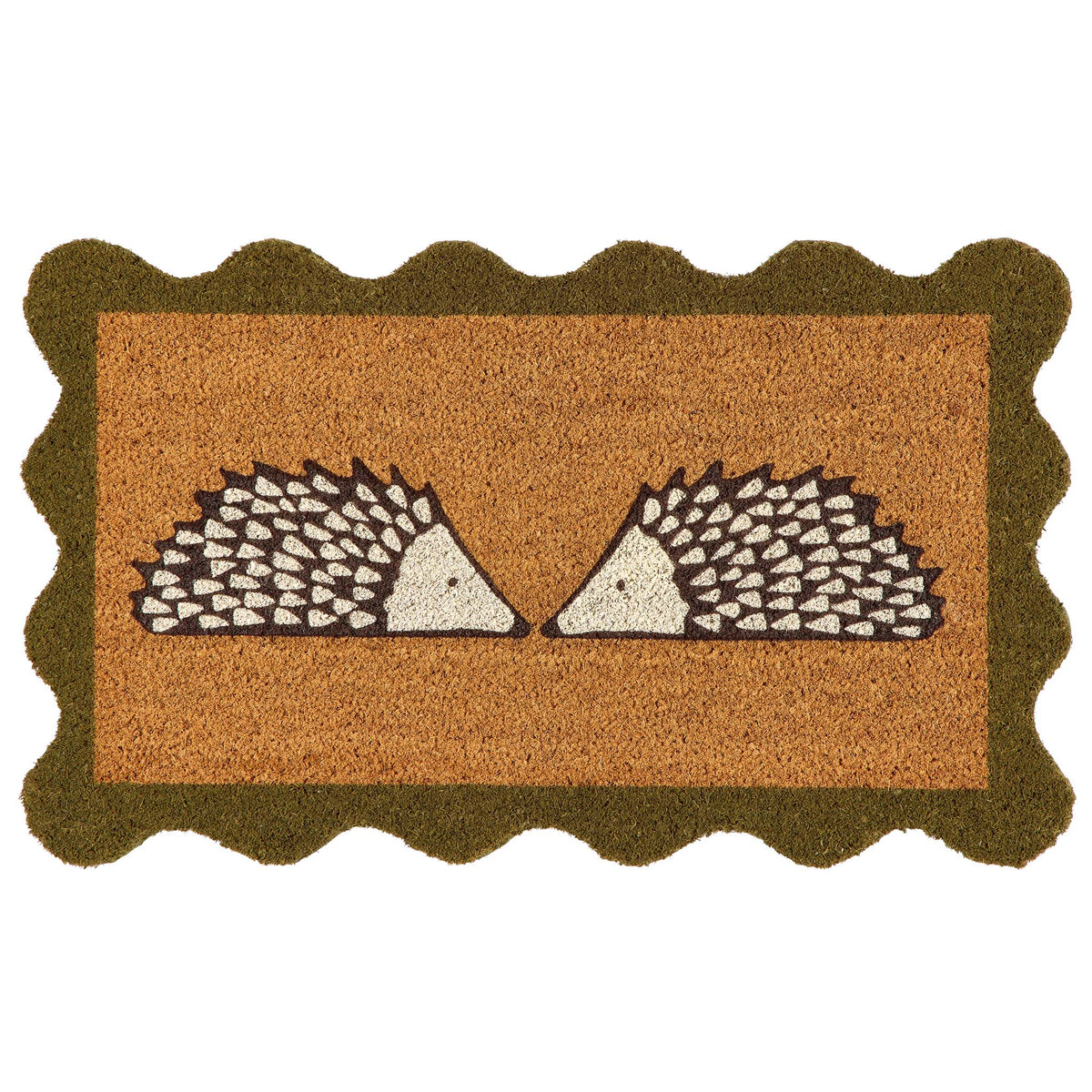 A rectangular coir doormat with a scalloped dark green border and a central design of two facing hedgehogs on a natural background, isolated on a white backdrop.