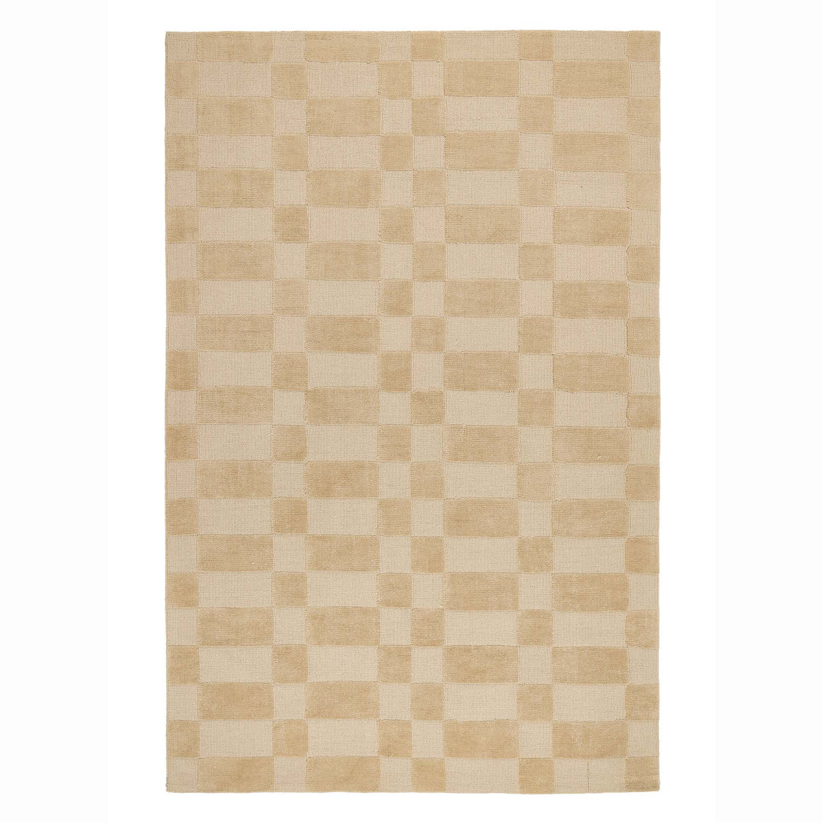 A rectangular area rug with a beige and cream checkerboard pattern, shown flat against a white background.