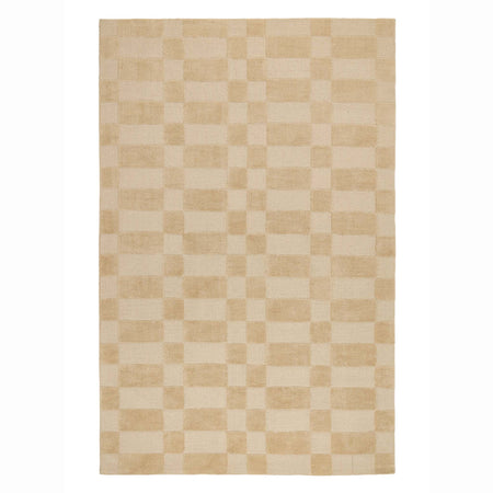 A rectangular area rug with a beige and cream checkerboard pattern, shown flat against a white background.