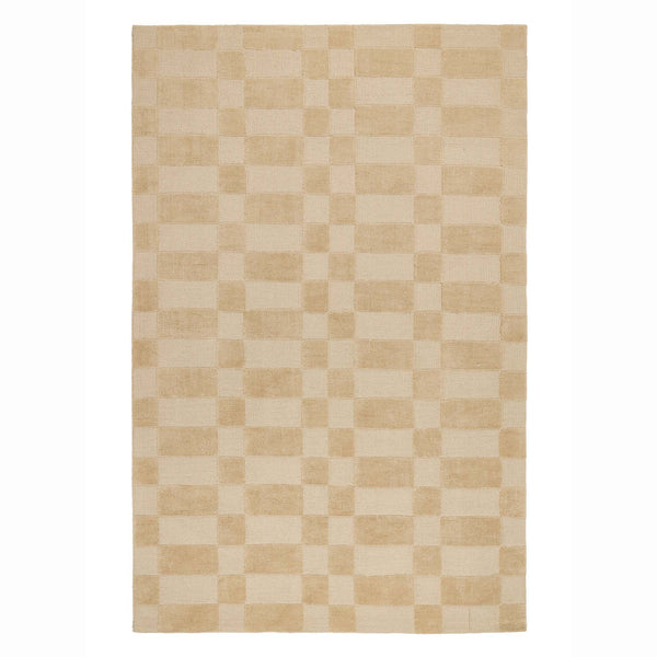A rectangular area rug with a beige and cream checkerboard pattern, shown flat against a white background.