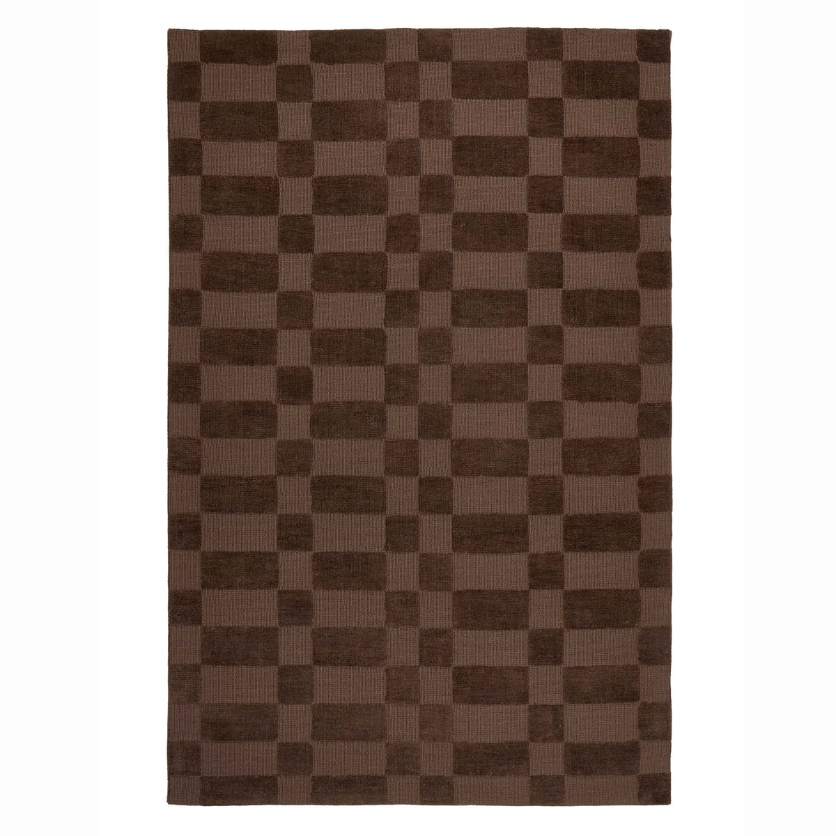 A rectangular area rug with a classic checkerboard pattern in shades of brown, shown flat against a solid white background.