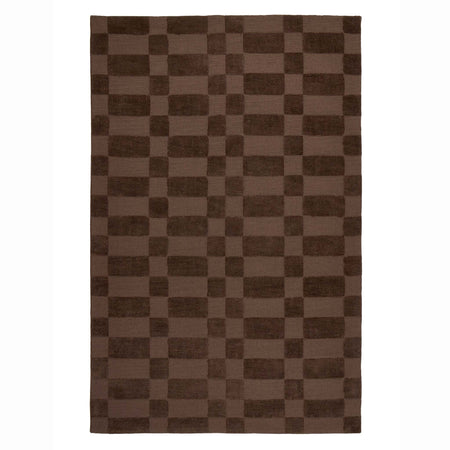 A rectangular area rug with a classic checkerboard pattern in shades of brown, shown flat against a solid white background.