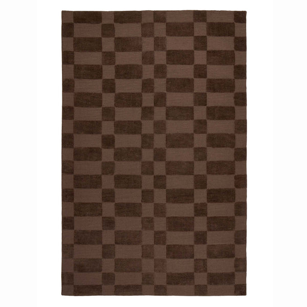 A rectangular area rug with a classic checkerboard pattern in shades of brown, shown flat against a solid white background.