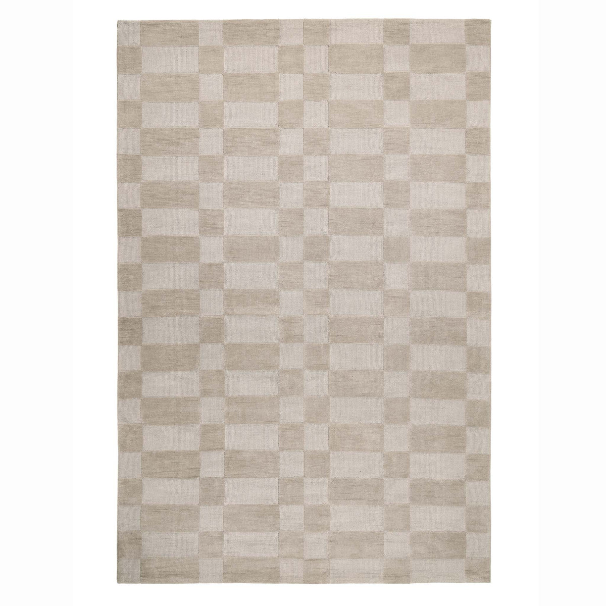 A rectangular area rug with a beige and off-white checkerboard pattern, shown flat against a white background.
