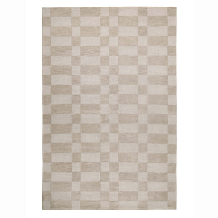 A rectangular area rug with a beige and off-white checkerboard pattern, shown flat against a white background.