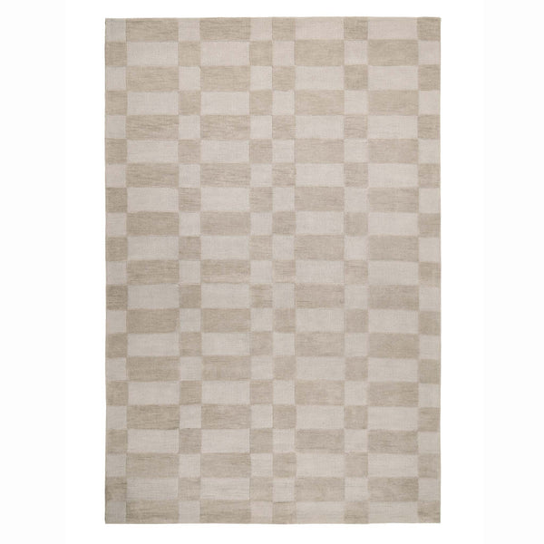 A rectangular area rug with a beige and off-white checkerboard pattern, shown flat against a white background.