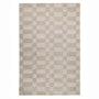 A rectangular area rug with a beige and off-white checkerboard pattern, shown flat against a white background.