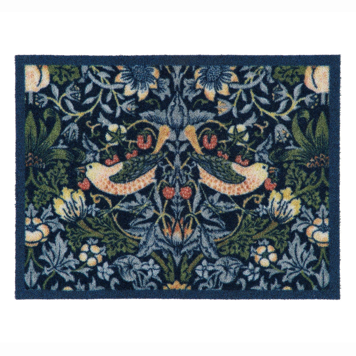 A square outdoor doormat featuring a classic William Morris-style botanical pattern with two birds, flowers, and leaves in navy blue, green, cream, and rust red.