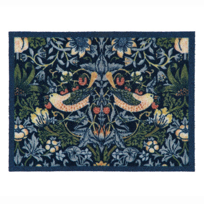 A square outdoor doormat featuring a classic William Morris-style botanical pattern with two birds, flowers, and leaves in navy blue, green, cream, and rust red.