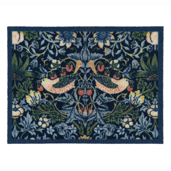A square outdoor doormat featuring a classic William Morris-style botanical pattern with two birds, flowers, and leaves in navy blue, green, cream, and rust red.