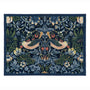 A square outdoor doormat featuring a classic William Morris-style botanical pattern with two birds, flowers, and leaves in navy blue, green, cream, and rust red.
