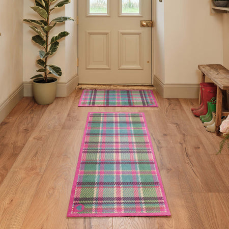 Tartan Pink\Green Doormat- 100% recycled cotton doormat featuring a pink and green tartan pattern.