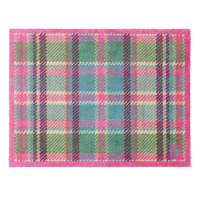 Tartan Pink\Green Doormat- 100% recycled cotton doormat featuring a pink and green tartan pattern.