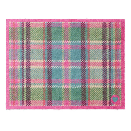 Tartan Pink\Green Doormat- 100% recycled cotton doormat featuring a pink and green tartan pattern.