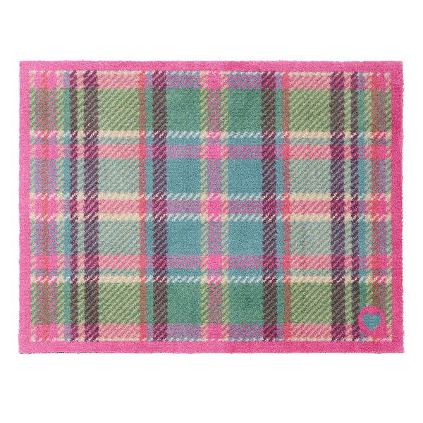 Tartan Pink\Green Doormat- 100% recycled cotton doormat featuring a pink and green tartan pattern.
